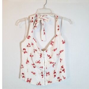 Bardot Womens Floral Halter Corset Top Shirt Size XL White Retro Pinup Girlie